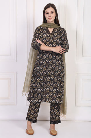 Black Floral Printed Embellished A-Line Cotton Kurta with Straight Pant and Dupatta Set