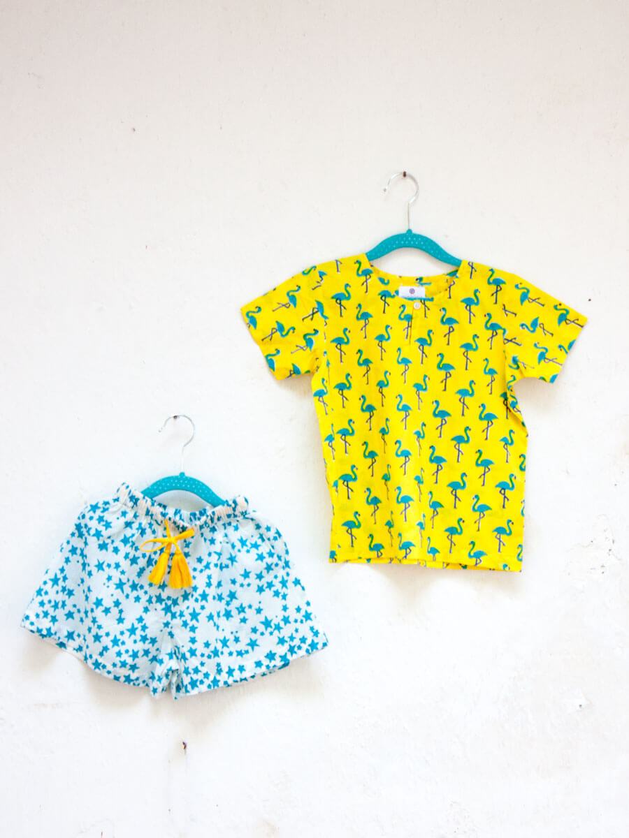 Flamingo Dance Organic Cotton Block Printed Top & Shorts Set