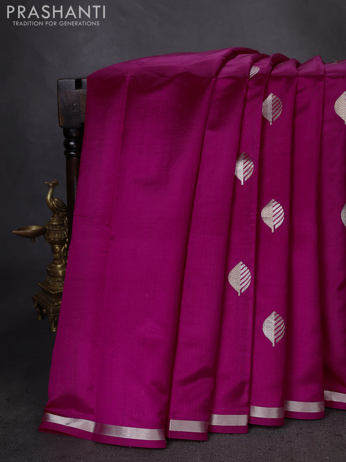 Banarasi poona silk saree pink with zari woven leaf buttas and simple zari border