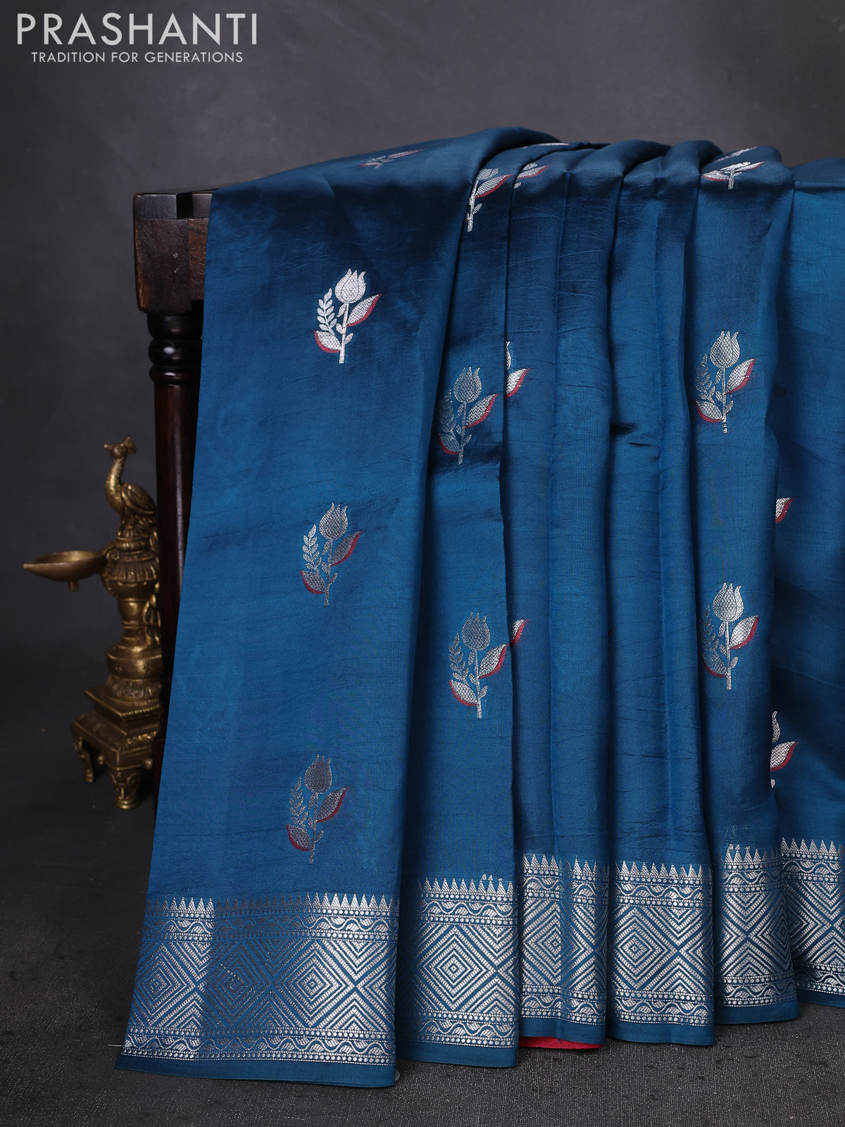 Banarasi poona silk saree cs blue and red with silver zari woven floral buttas and silver zari woven border