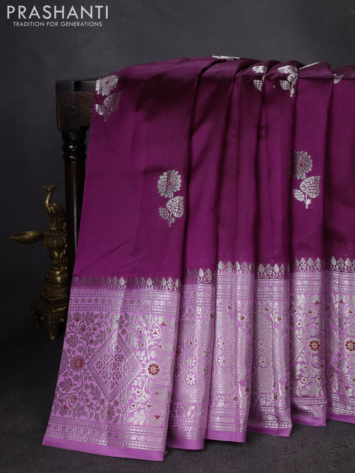 Banarasi poona silk saree wine shade and lavender with silver zari woven buttas and silver zari woven border