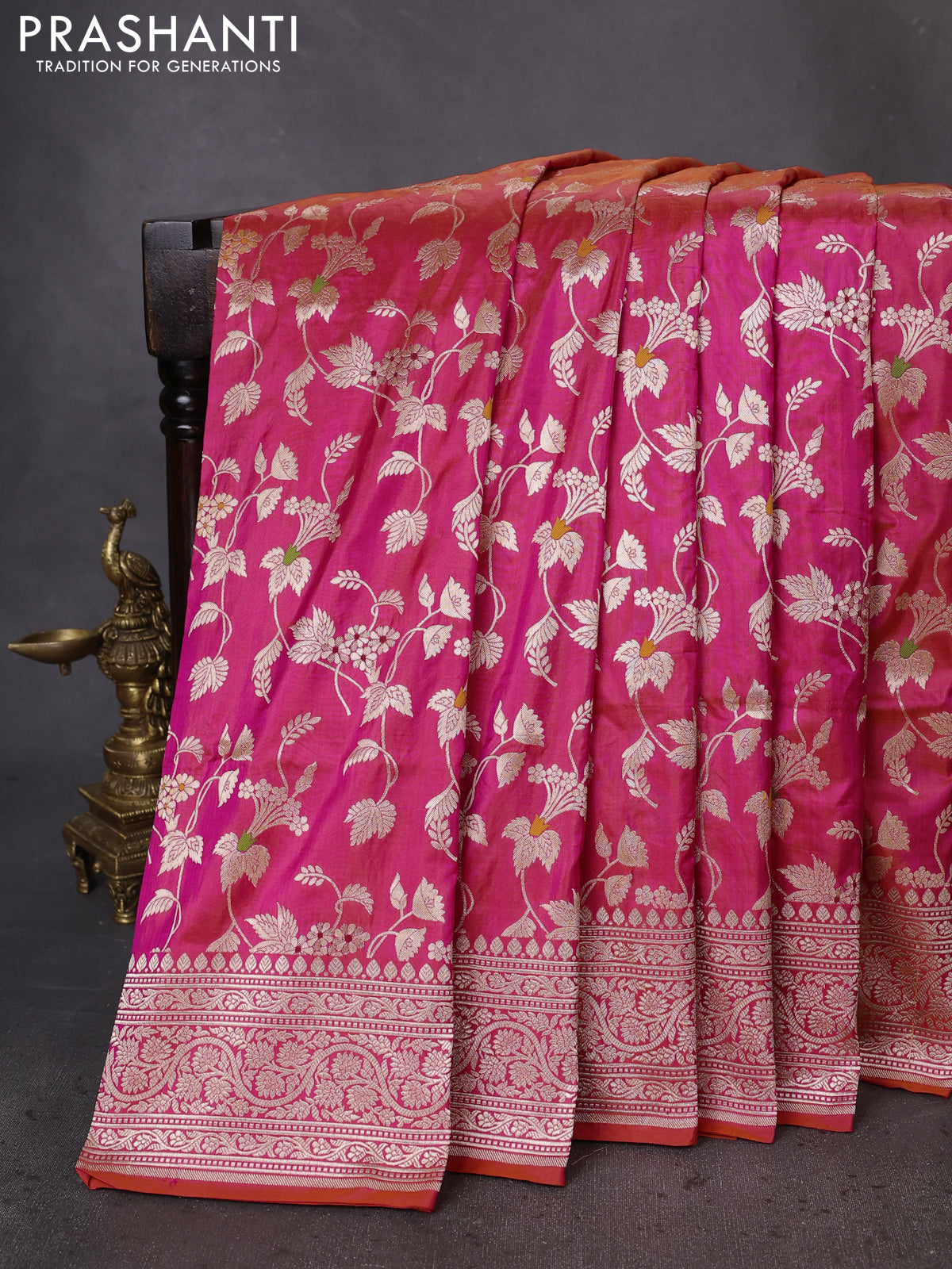 Banarasi uppada silk saree dual shade of pinkish orange with allover zari woven brocade weaves and zari woven border