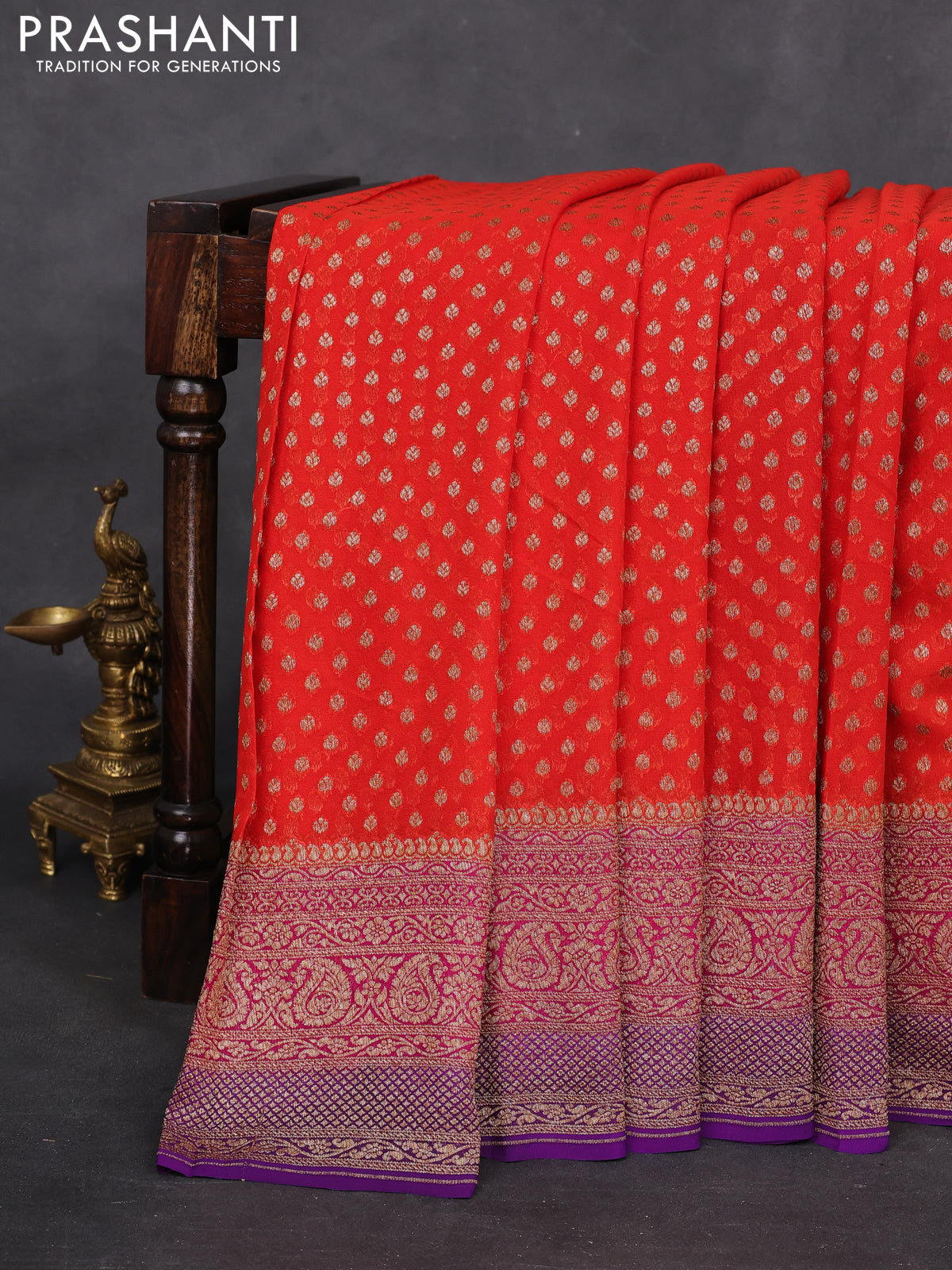 Banarasi georgette saree orange and pink violet with allover woven buttas and woven border