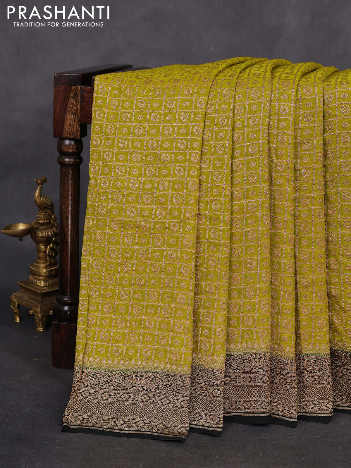 Banarasi georgette saree lime green and black with allover checked pattern & buttas and woven border