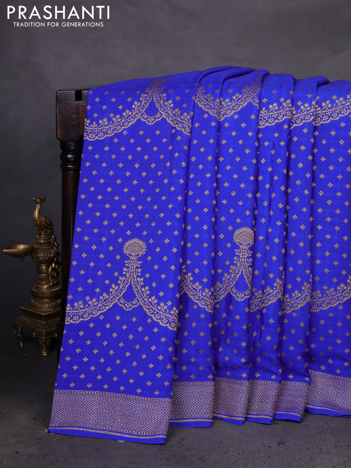 Banarasi crepe saree royal blue with allover butta weaves and woven border