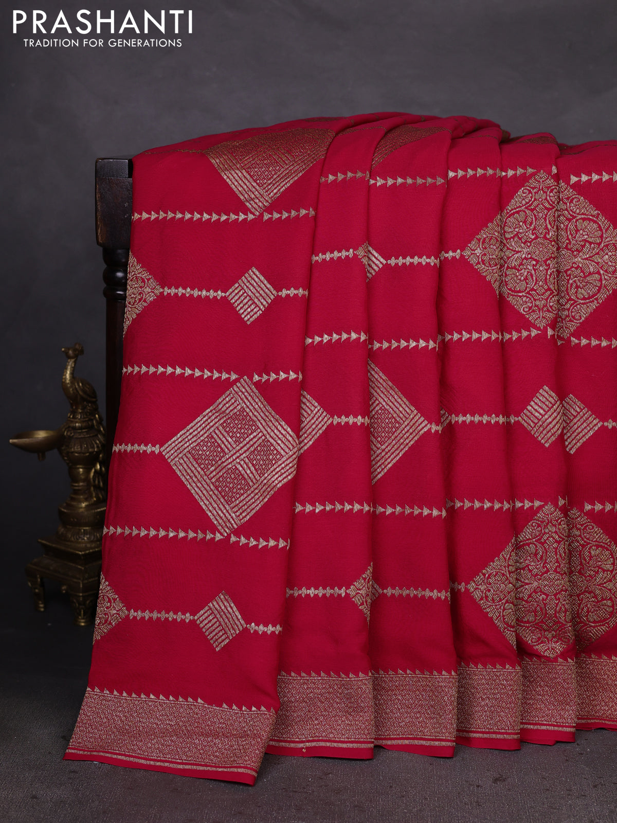 Banarasi crepe saree red with allover geometric weaves and woven border