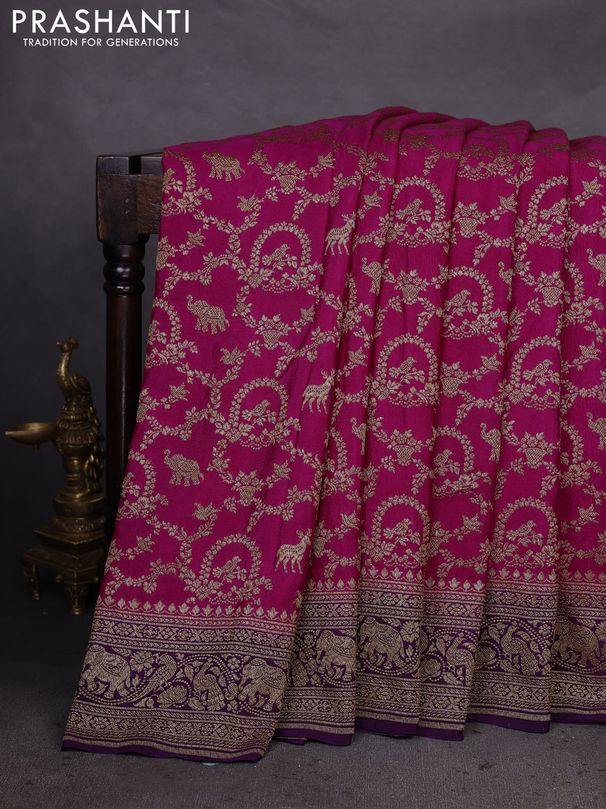 Banarasi crepe saree pink and violet with allover thread & zari weaves and woven border
