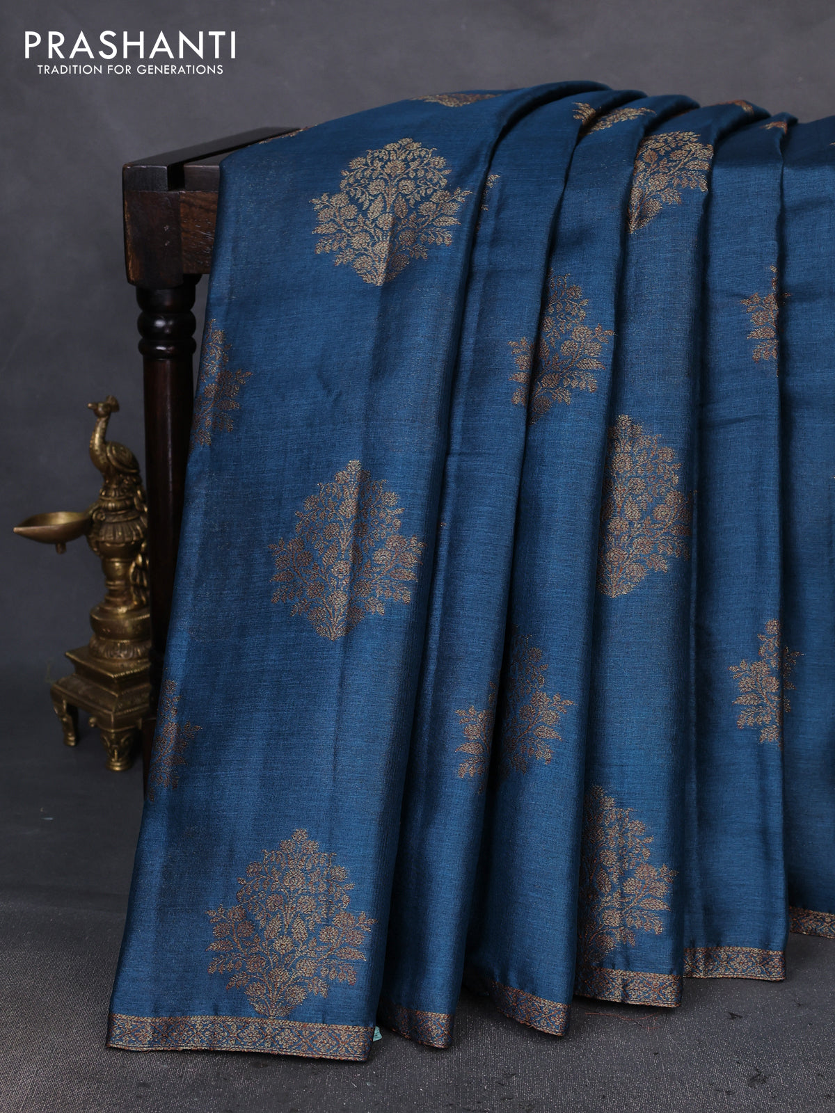 Banarasi tussar silk saree peacock plue and pink with thread & zari woven buttas and woven border