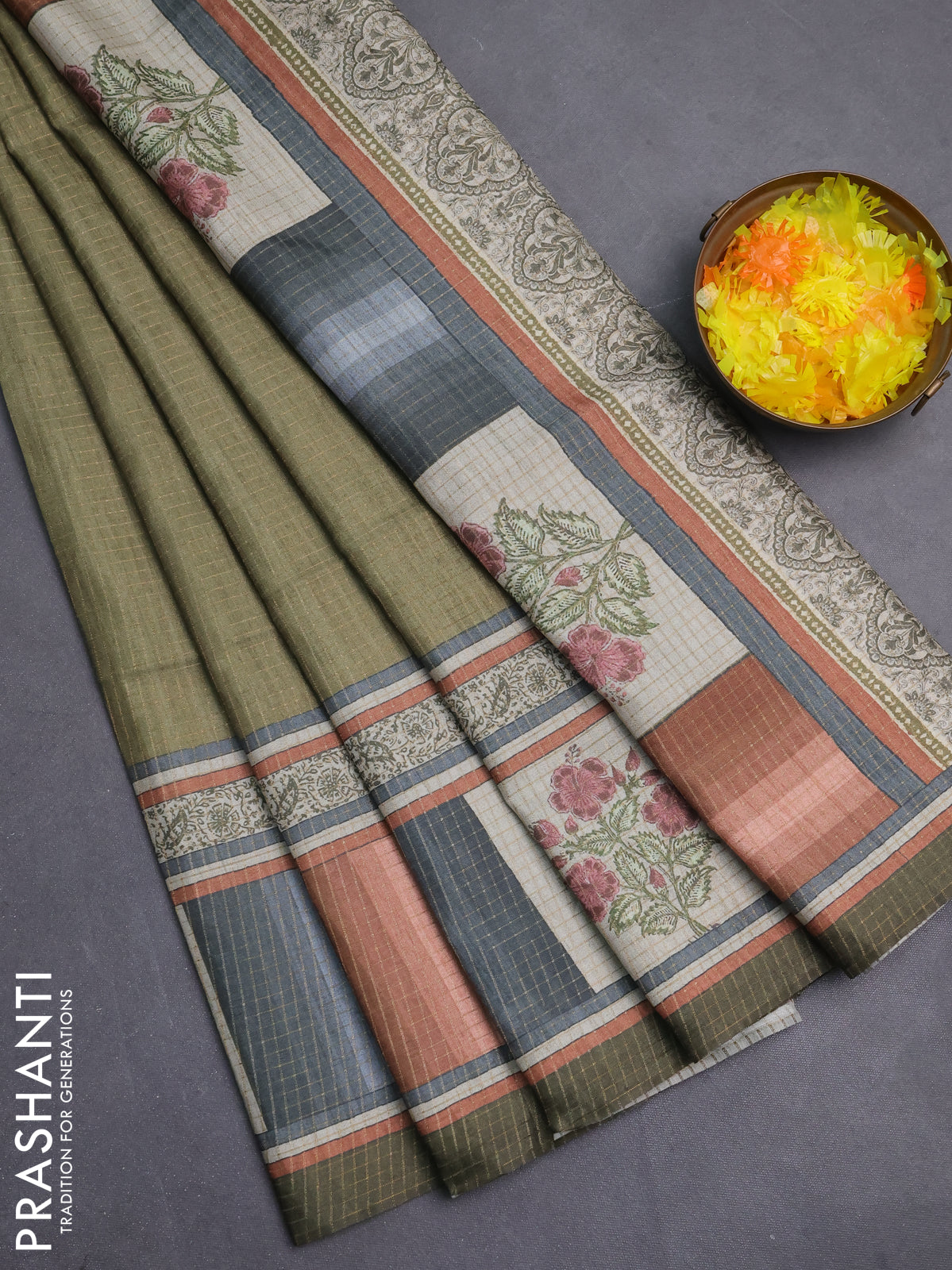 Chappa saree mehendi green with allover zari checked pattern and printed pallu