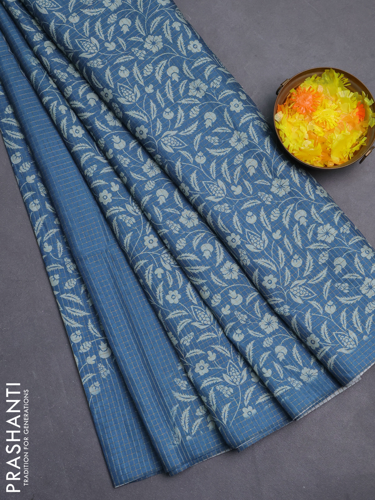 Chappa saree cs blue with allover zari checked pattern and printed pallu