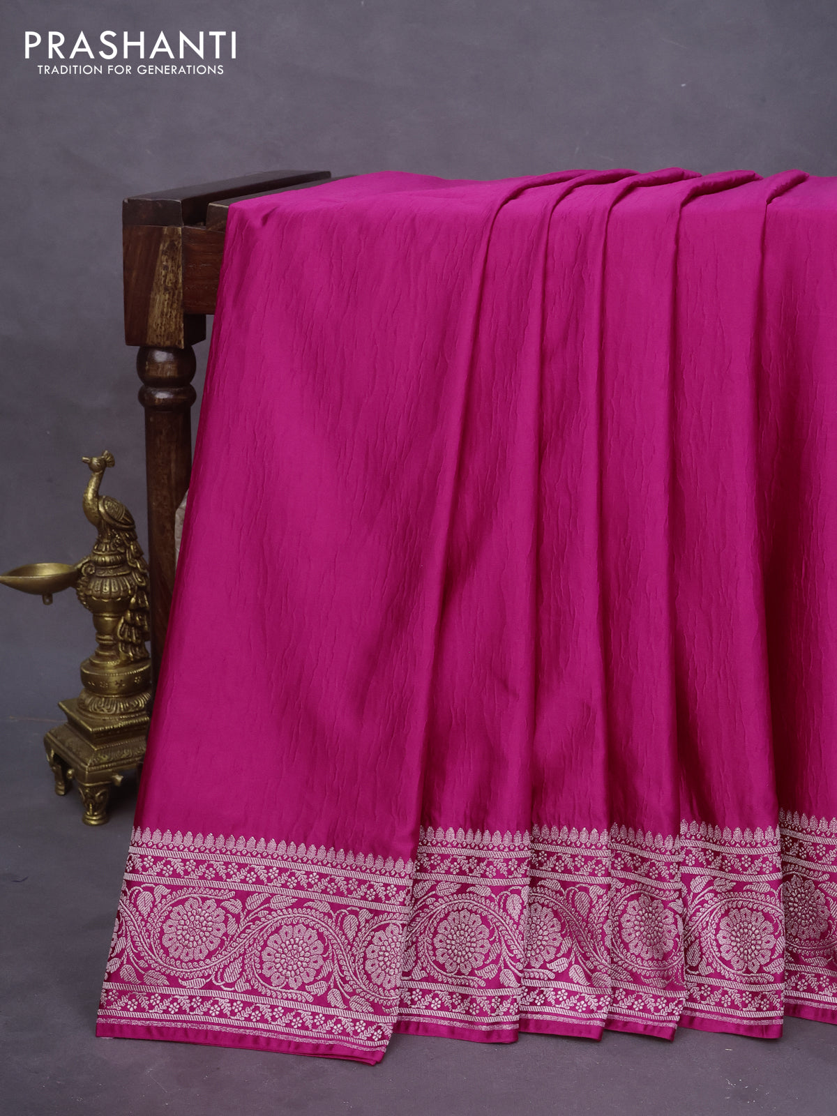 Banarasi crush crepe saree pink with plain body and zari woven border