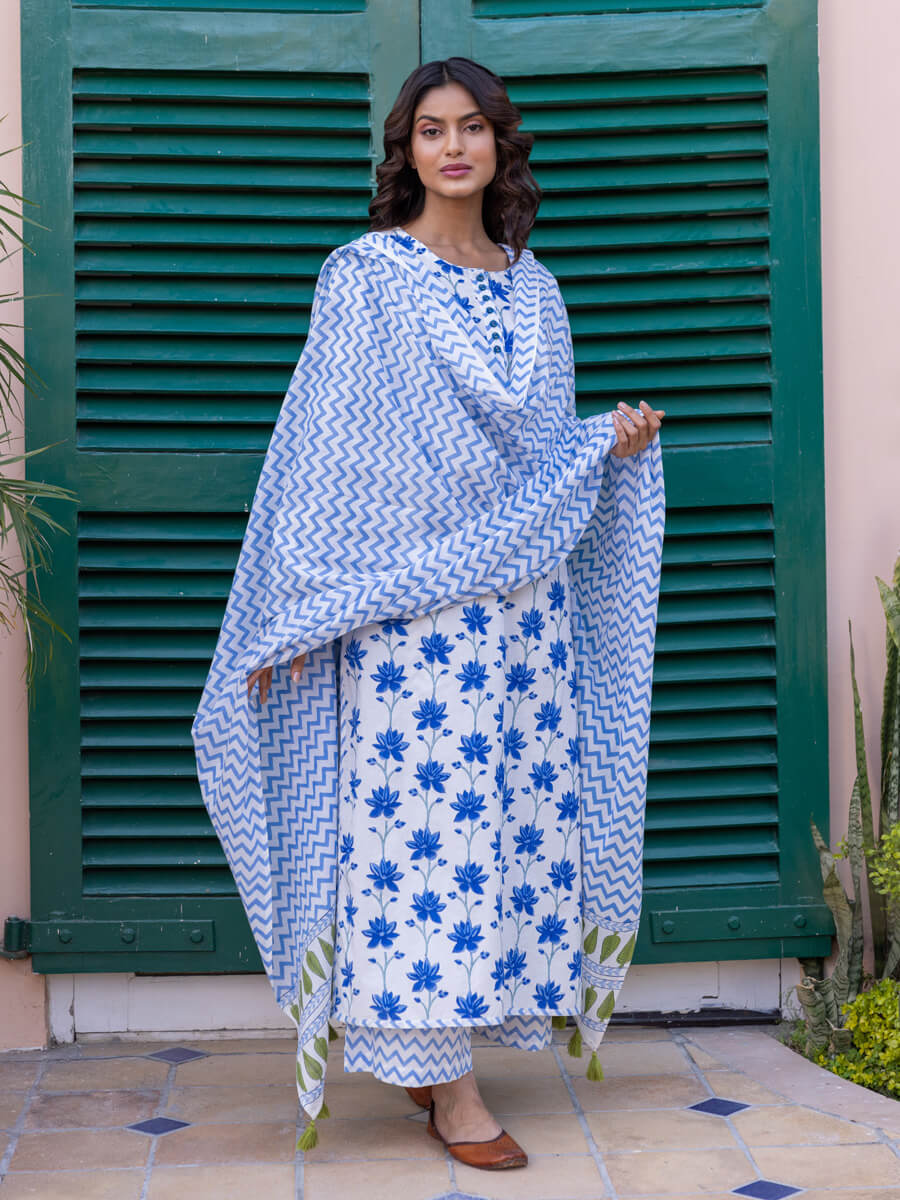 Set of 3 - Geetanjali Cotton Kurta, Palazzo and Dupatta