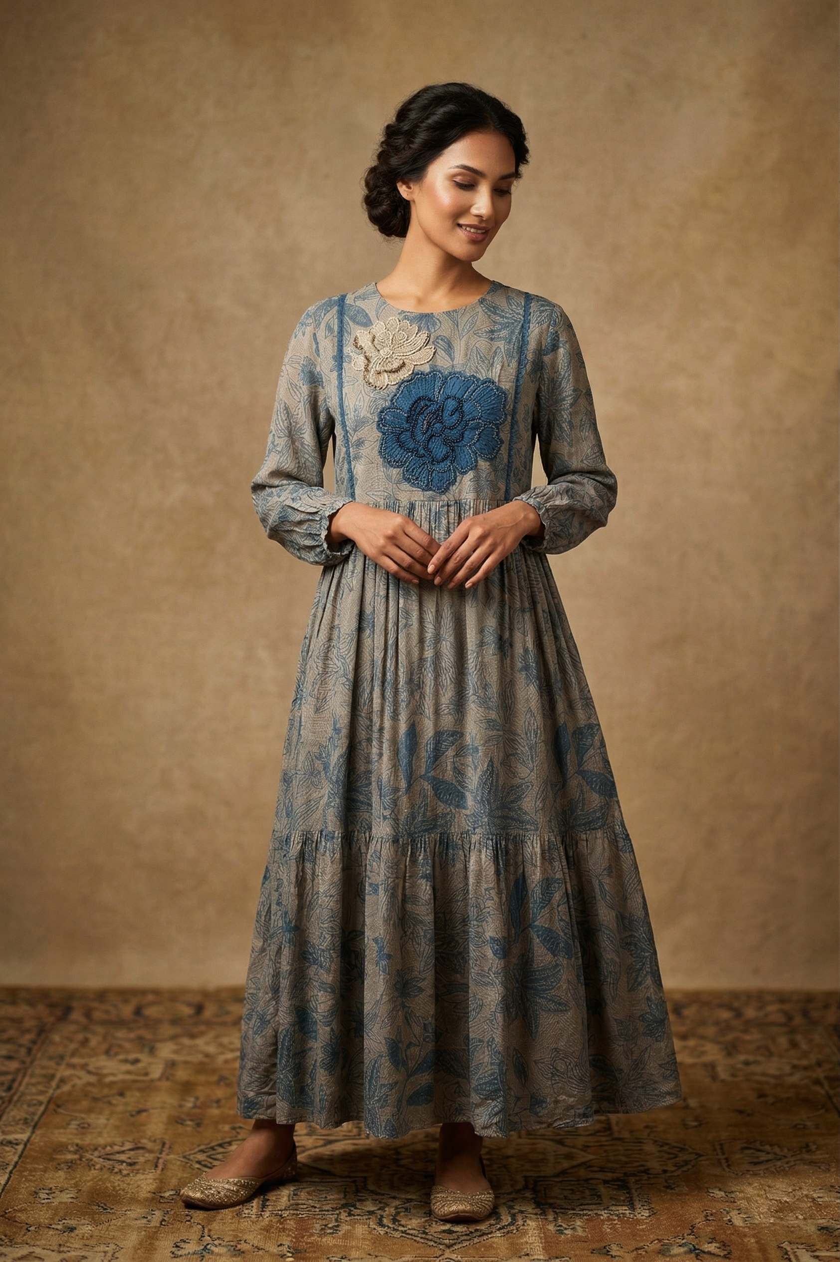 Greyish Blue Floral Printed Satin Kurti