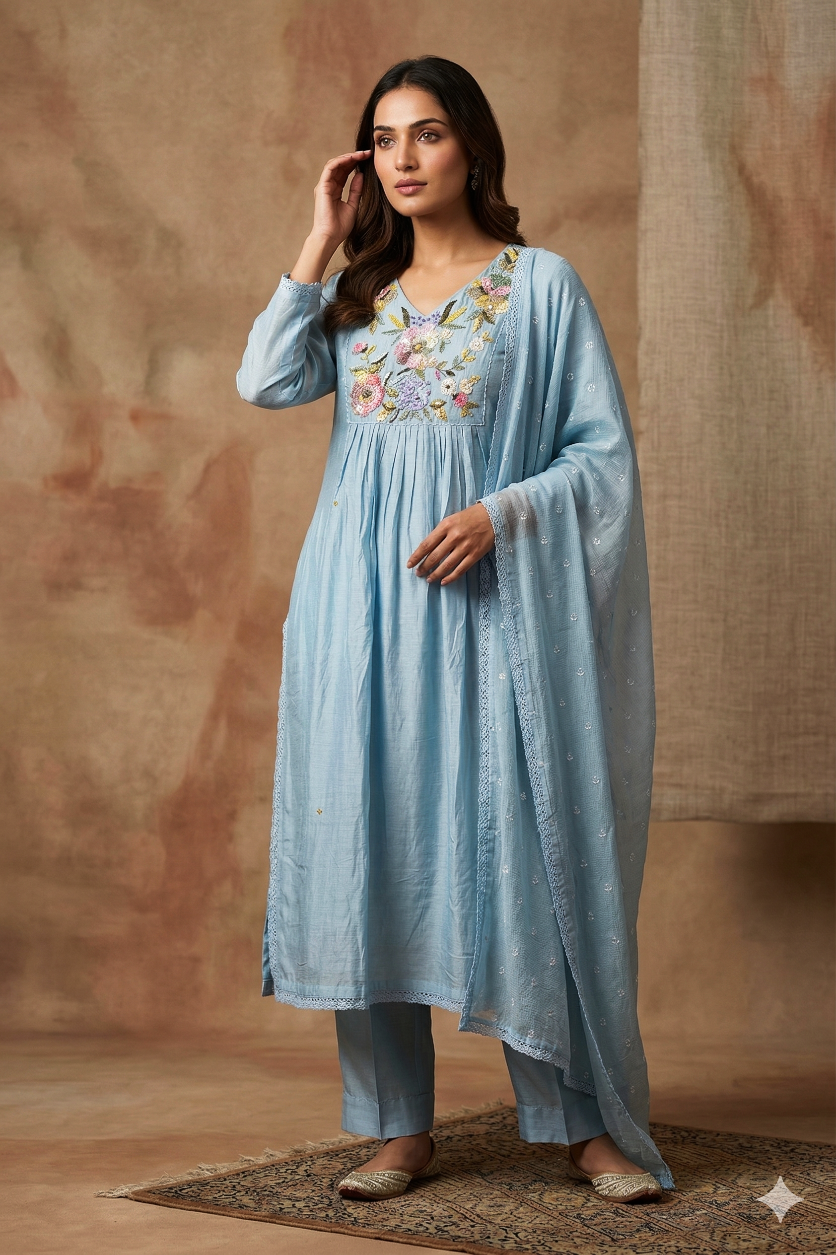 Baby Blue Silk Blend Embroidered Kurta Set
