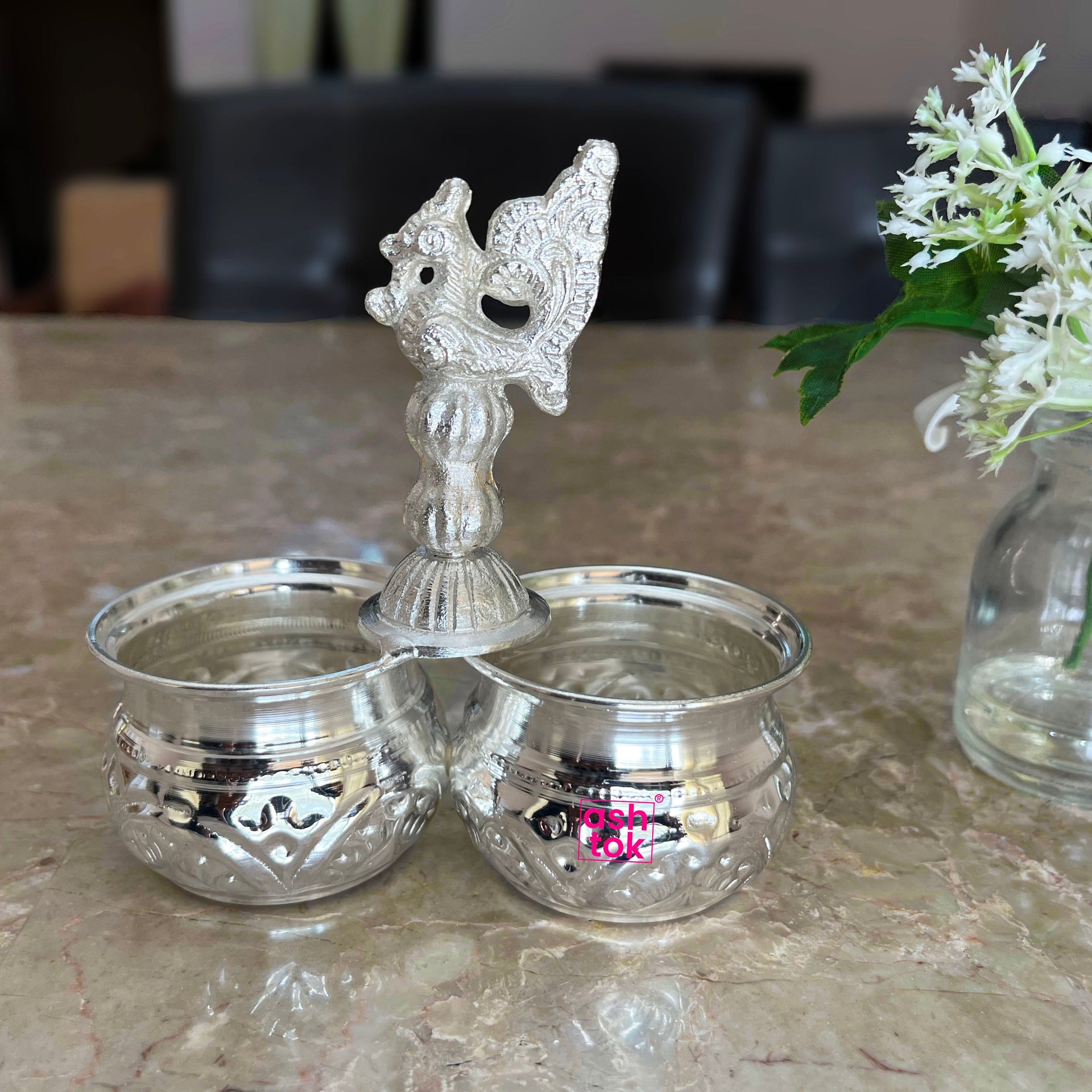 German Silver Chopala Haldi Kumkum Holder 2 Bowls Attached