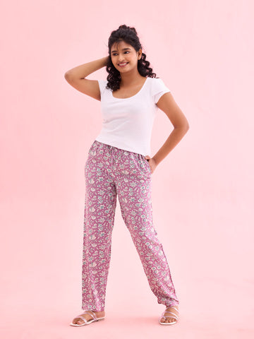 Women Printed Purple Woven Mid Rise Viscose Lounge Pants