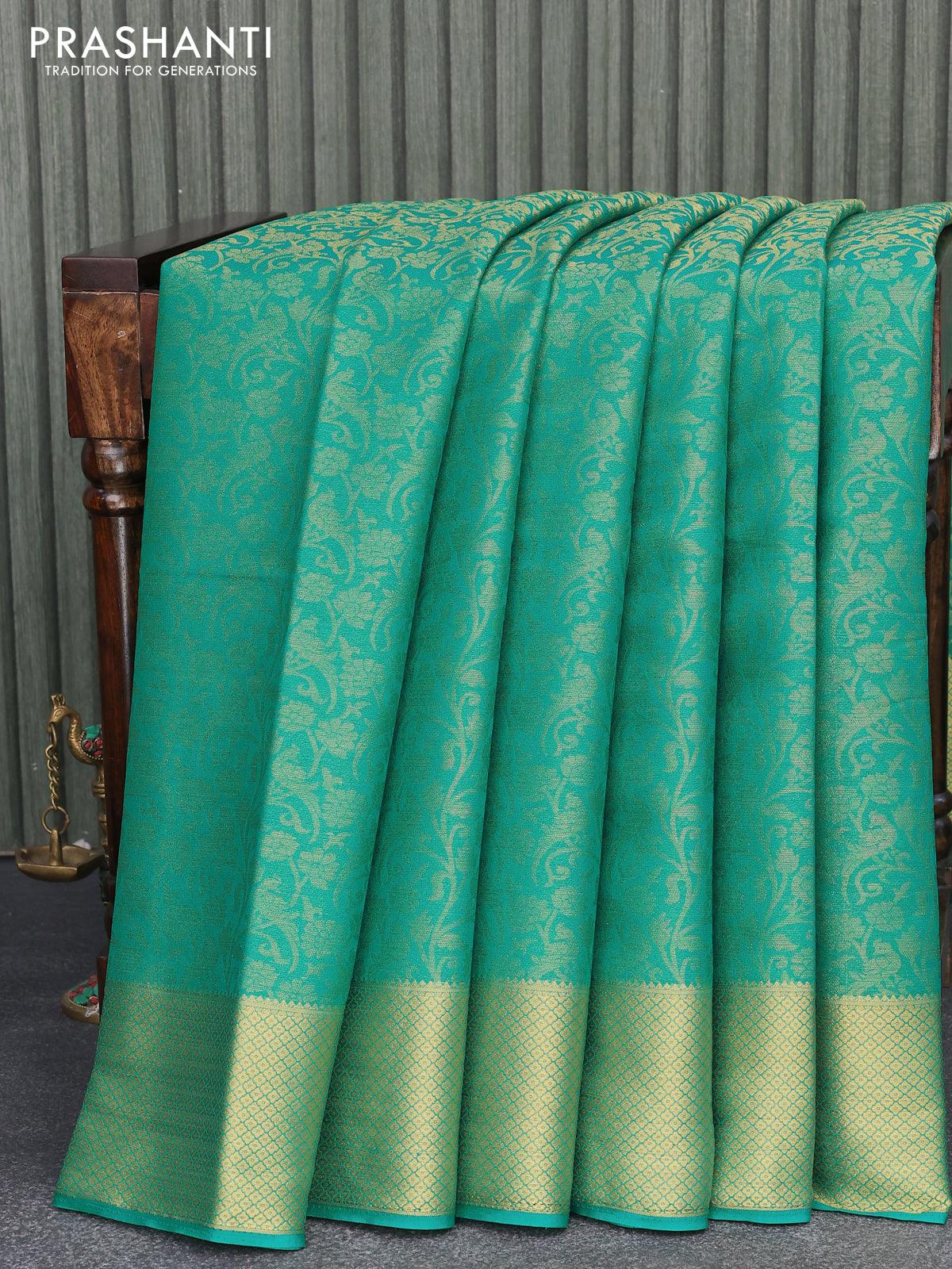 Art chiffon saree teal green with allover zari woven brocade weaves and zari woven border