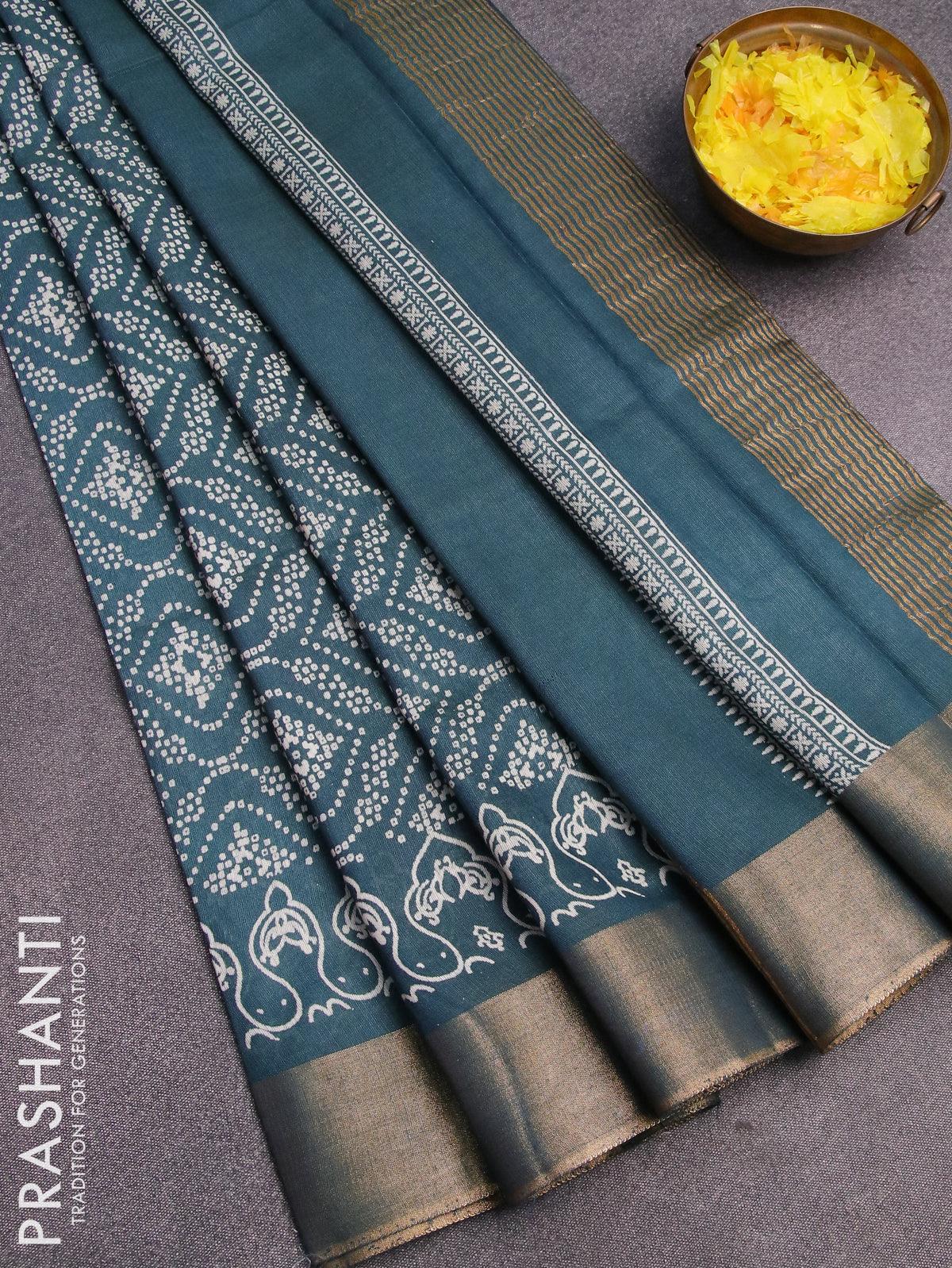 Bhagalpuri saree dark peacock green with allover bandhani prints and zari woven border