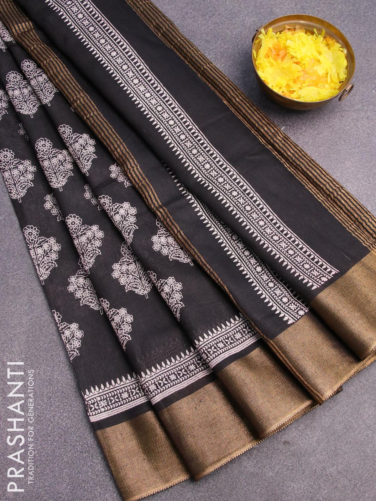 Bhagalpuri saree black with allover floral butta prints and zari woven border