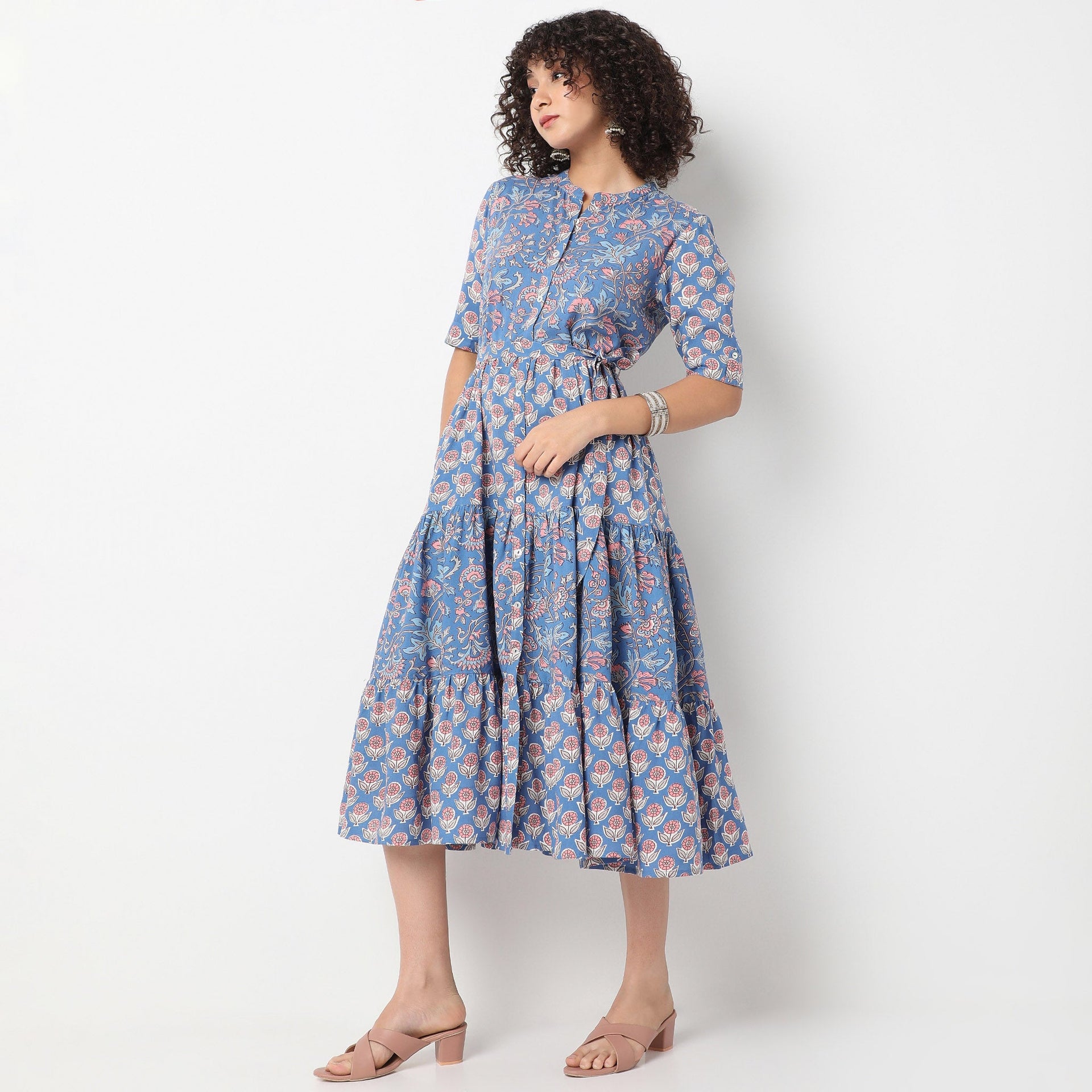 Band Collar Calf Length Elbow Sleeve Flare Fit Printed Tiered Dress