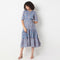 Band Collar Calf Length Elbow Sleeve Flare Fit Printed Tiered Dress