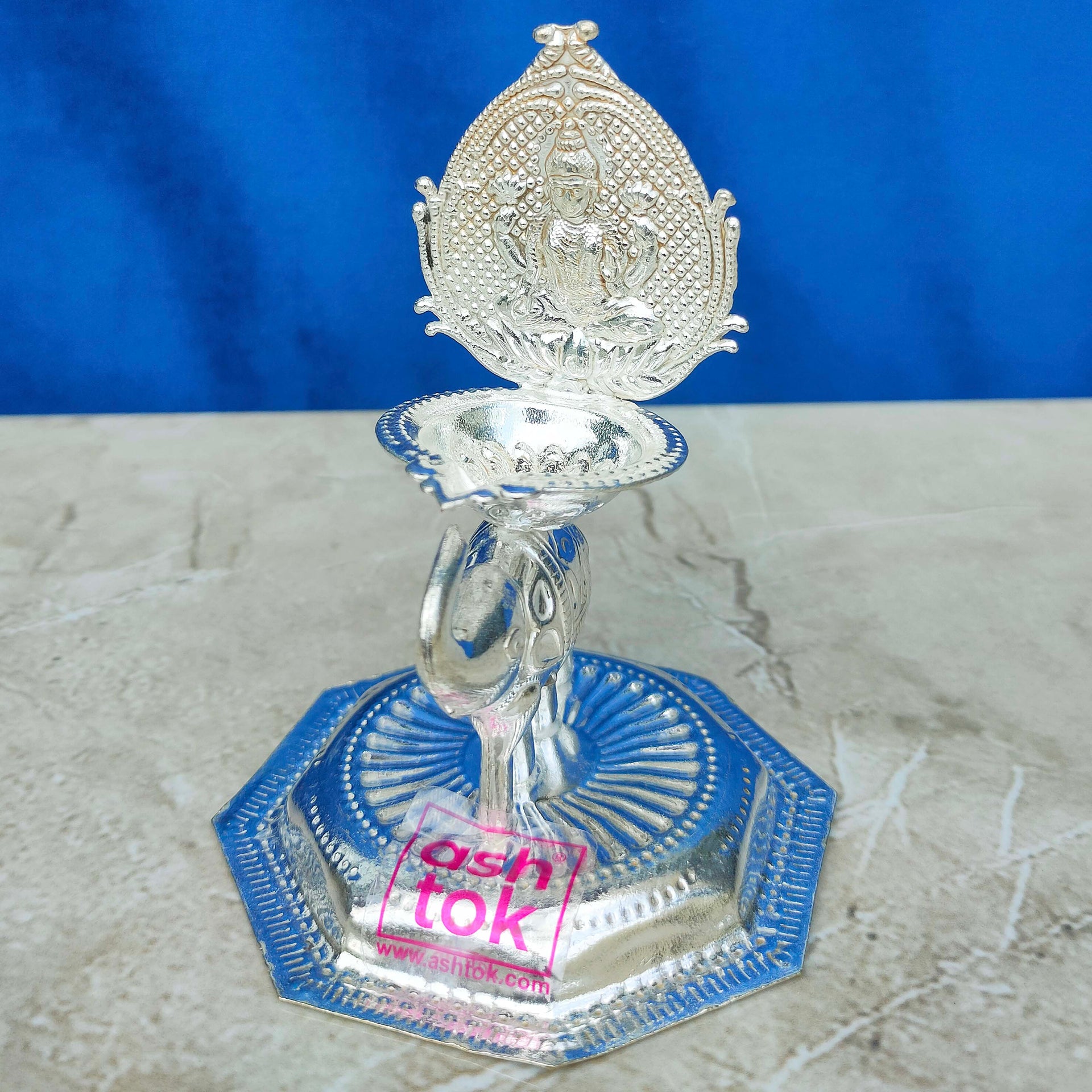 German Silver Kamakshi Deepam With Elephant Design Height - 4 Inches