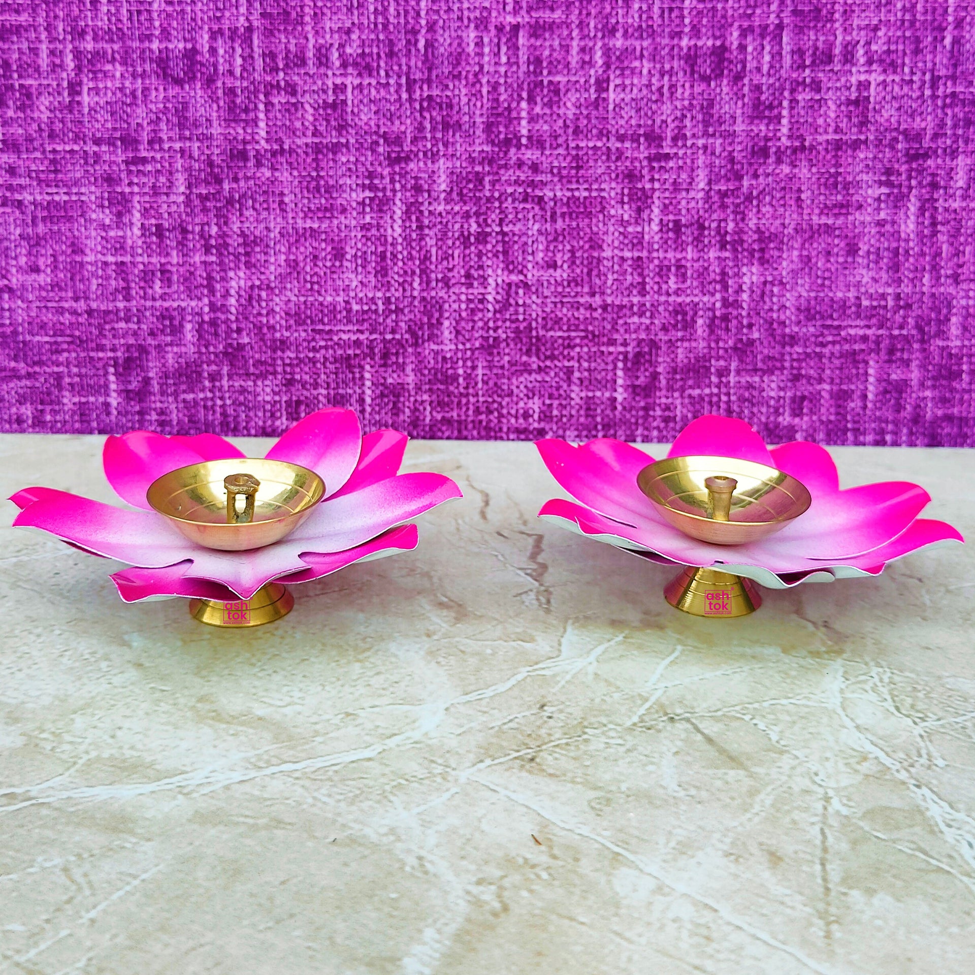 Brass Kamal Diya, Pink Colour Akhand Diya, Decorative Diwali Diya