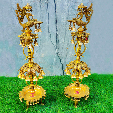 Peacock Brass Diya with Hanging bells, Height - 3 Feet