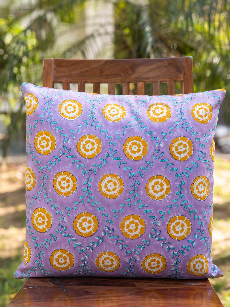 Iris Block Printed Cotton Cushion Cover - 20 Inch