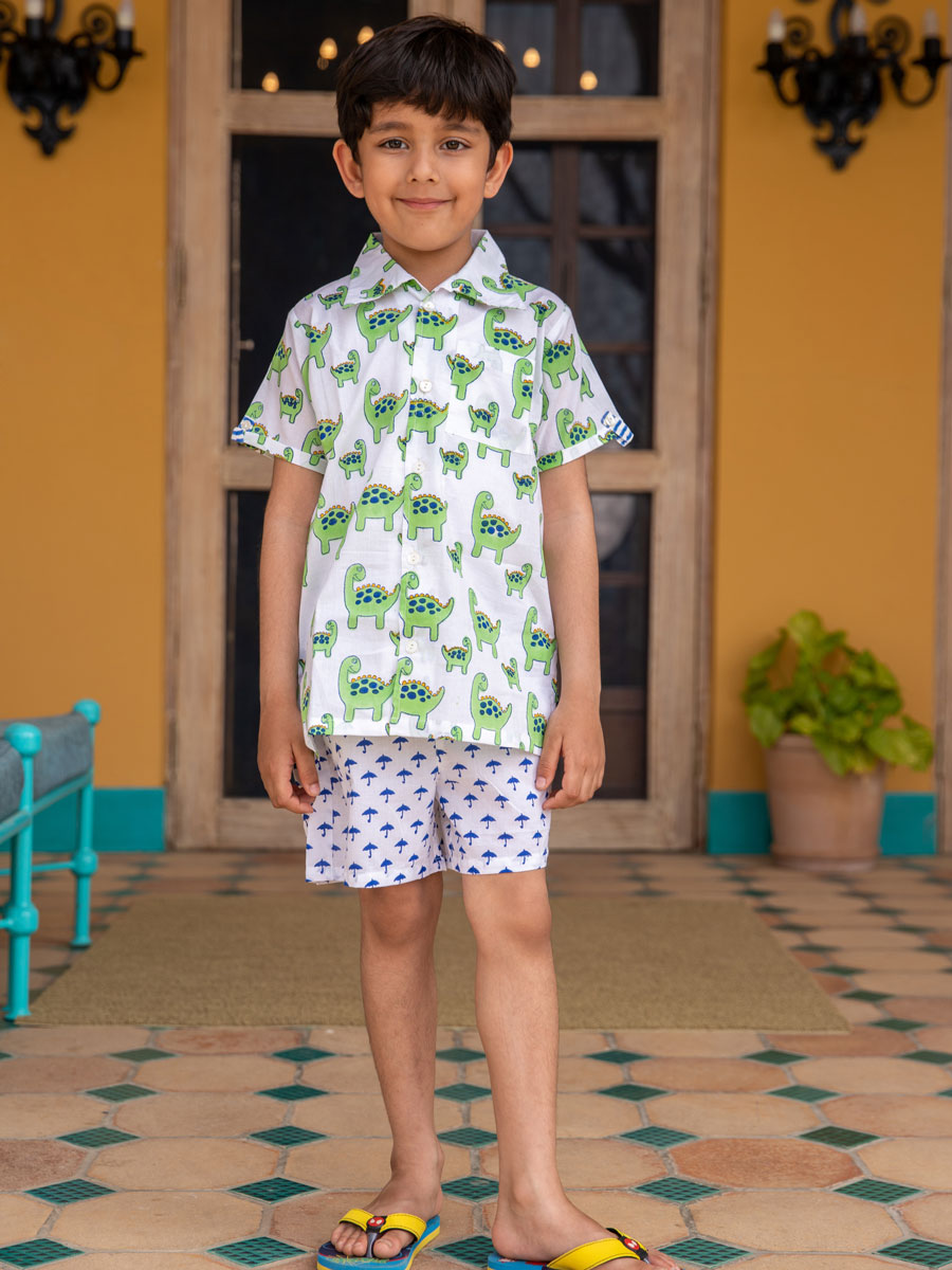 Dino Green Organic Cotton Block Printed Shirt