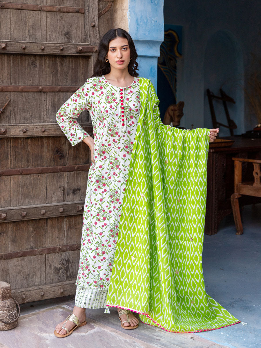 Set of 3 - Gulnaz Cotton Kurta, Palazzo and Dupatta
