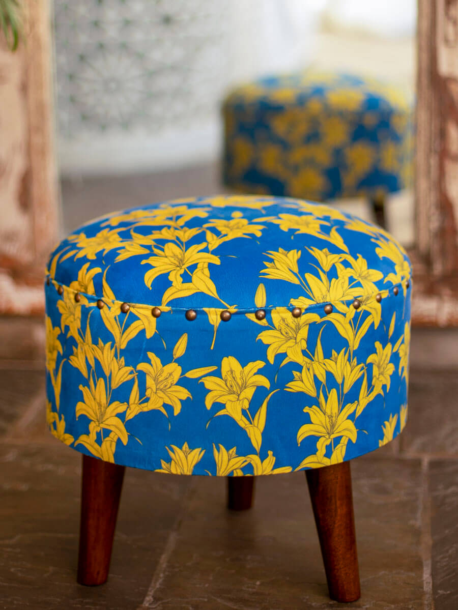 Yellow Hibiscus Solid Wood Ottoman