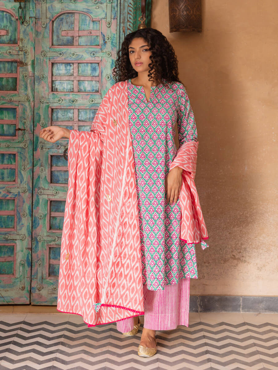 Pink Ikat Hand Block Printed Cotton Dupatta