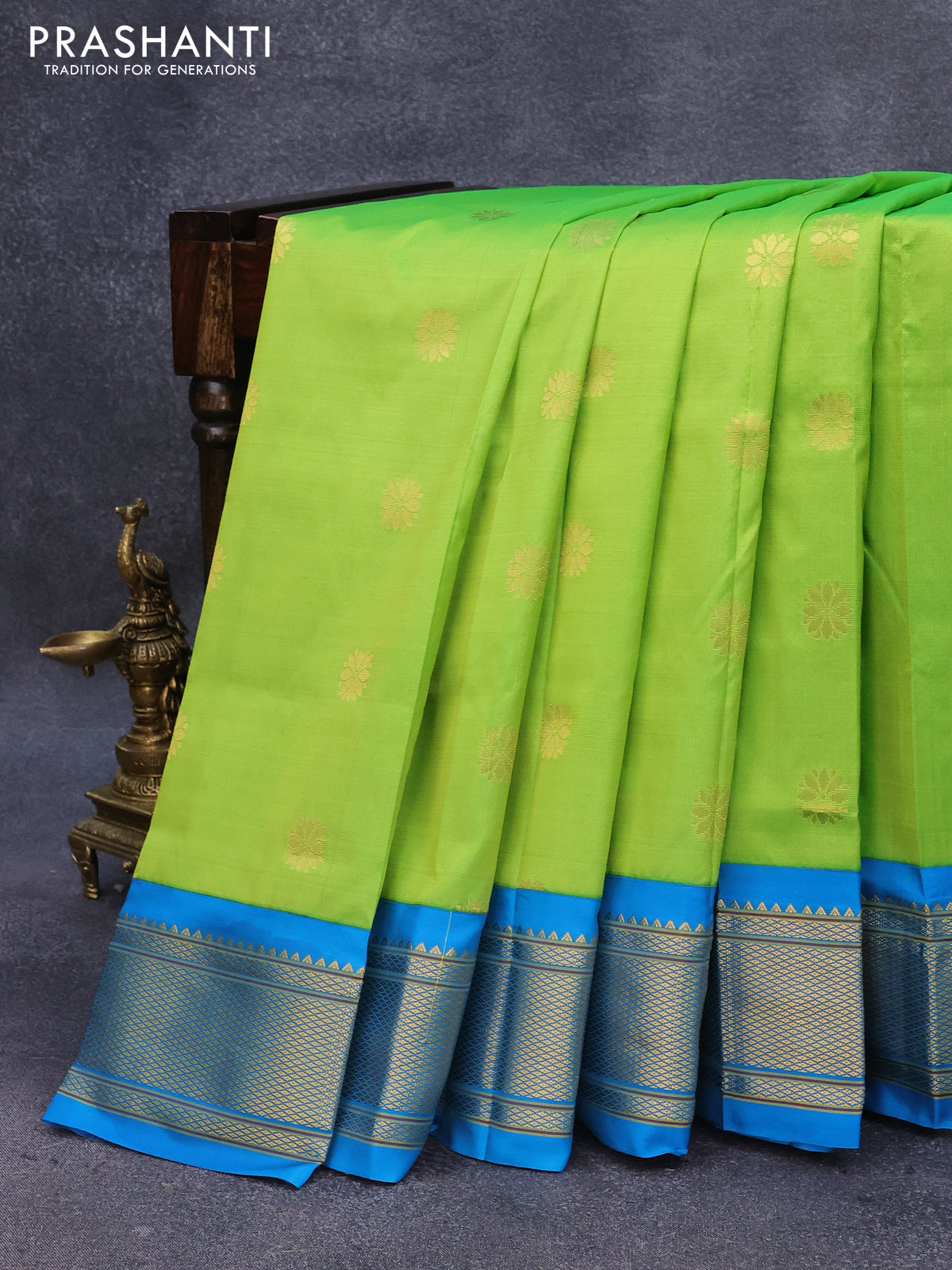 Pure paithani silk saree light green with floral zari woven buttas and zari woven border