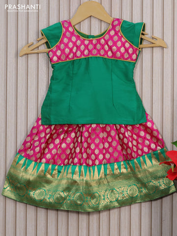 Banarasi kids lehenga green and magenta pink with patch work neck pattern and zari woven buttas & zari border for 0-6 months