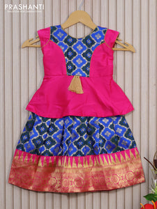 Banarasi kids lehenga pink and green blue with patch work neck pattern and zari weaves & temple zari border for 1 year