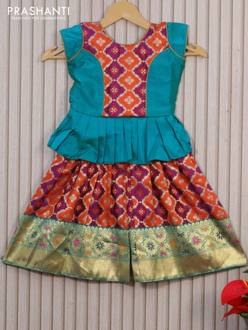 Banarasi kids lehenga teal green and purple with patch work neck pattern and zari weaves & zari border for 2 years