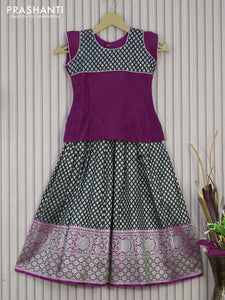 Banarasi kids lehenga dual shade of magenta and bottle green with patch work neck pattern and silver zari woven buttas & long paisley zari border for 6 years