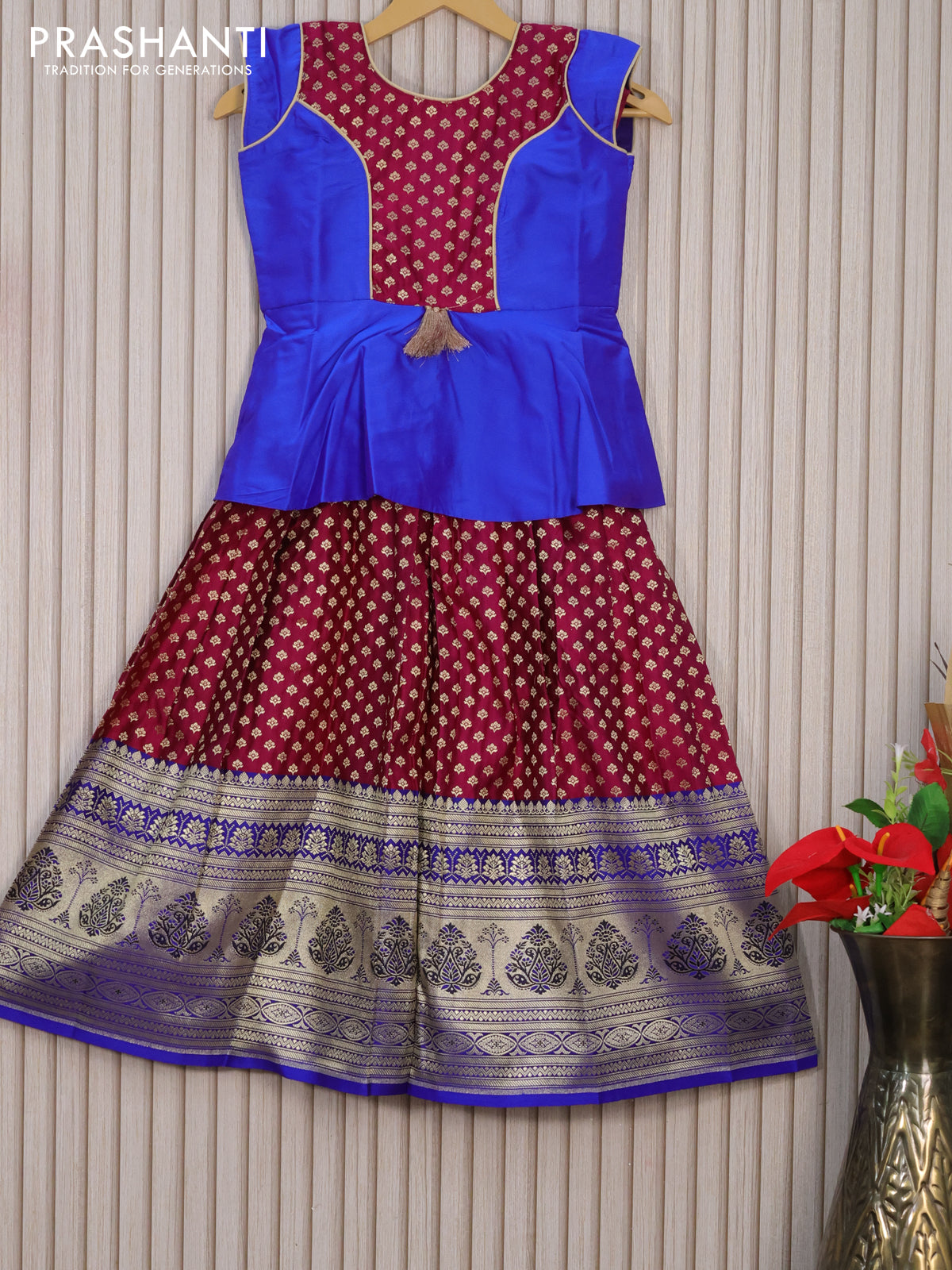 Banarasi kids lehenga blue and dark magenta with patch work neck pattern and zari woven buttas & zari border for 7 years