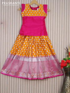 Banarasi kids lehenga pink and mango yellow with patch work neck pattern and silver zari buttas & long zari border for 7 years