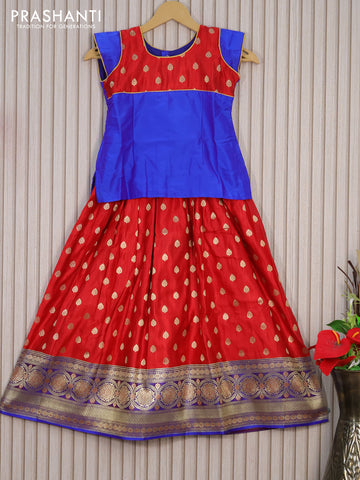 Banarasi kids lehenga red and blue with patch work neck pattern and zari woven buttas & long zari border for 7 years