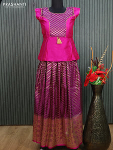 Banarasi kids lehenga magenta pink and purple with patch work neck pattern and zari woven buttas & long zari border for 11 years