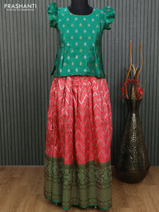 Banarasi kids lehenga green and pink with patch work neck pattern and zari woven buttas & long zari border for 11 years