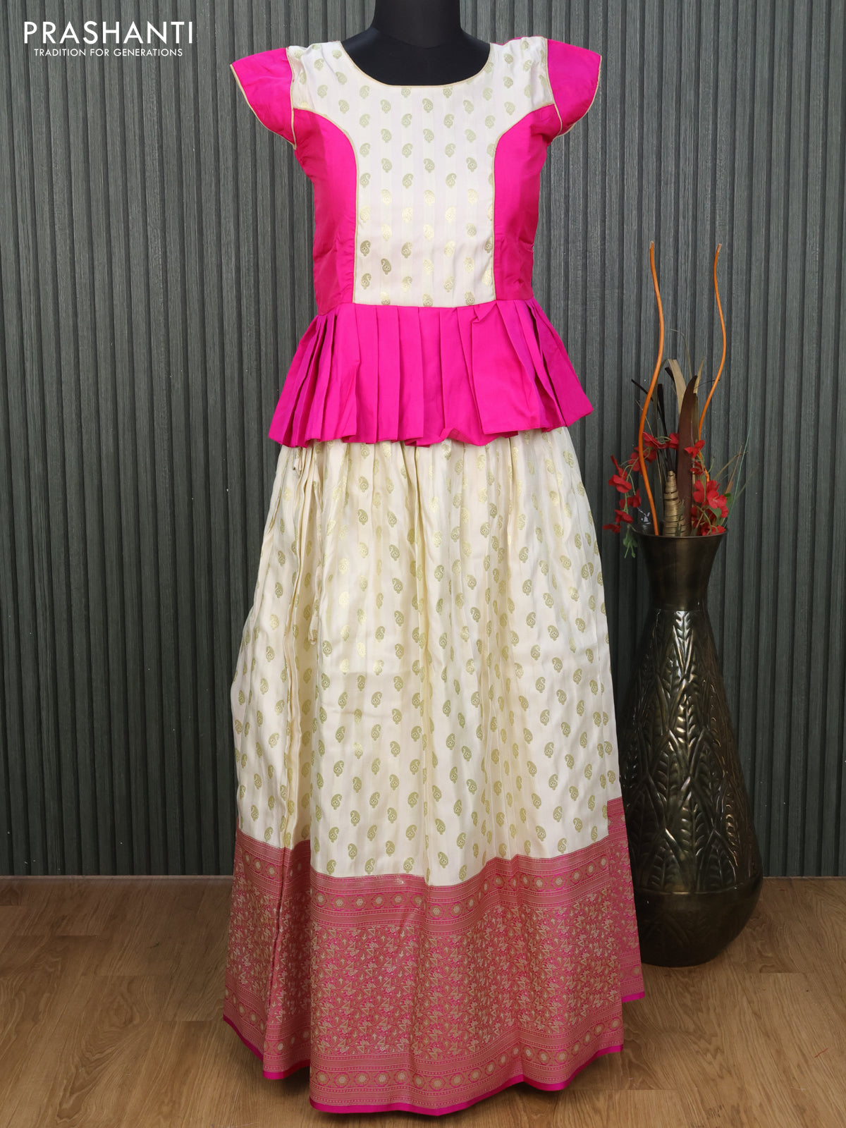 Banarasi kids lehenga pink and cream with patch work neck pattern and zari woven buttas & long zari border for 12 years