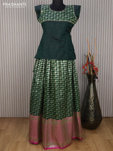 Banarasi kids lehenga dark green and magenta pink with patch work neck pattern and zari weaves & long zari border for 15 years