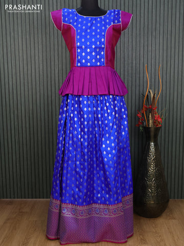 Banarasi kids lehenga purple and blue with patch work neck pattern and silver zari weaves & long silver zari border for 16 years