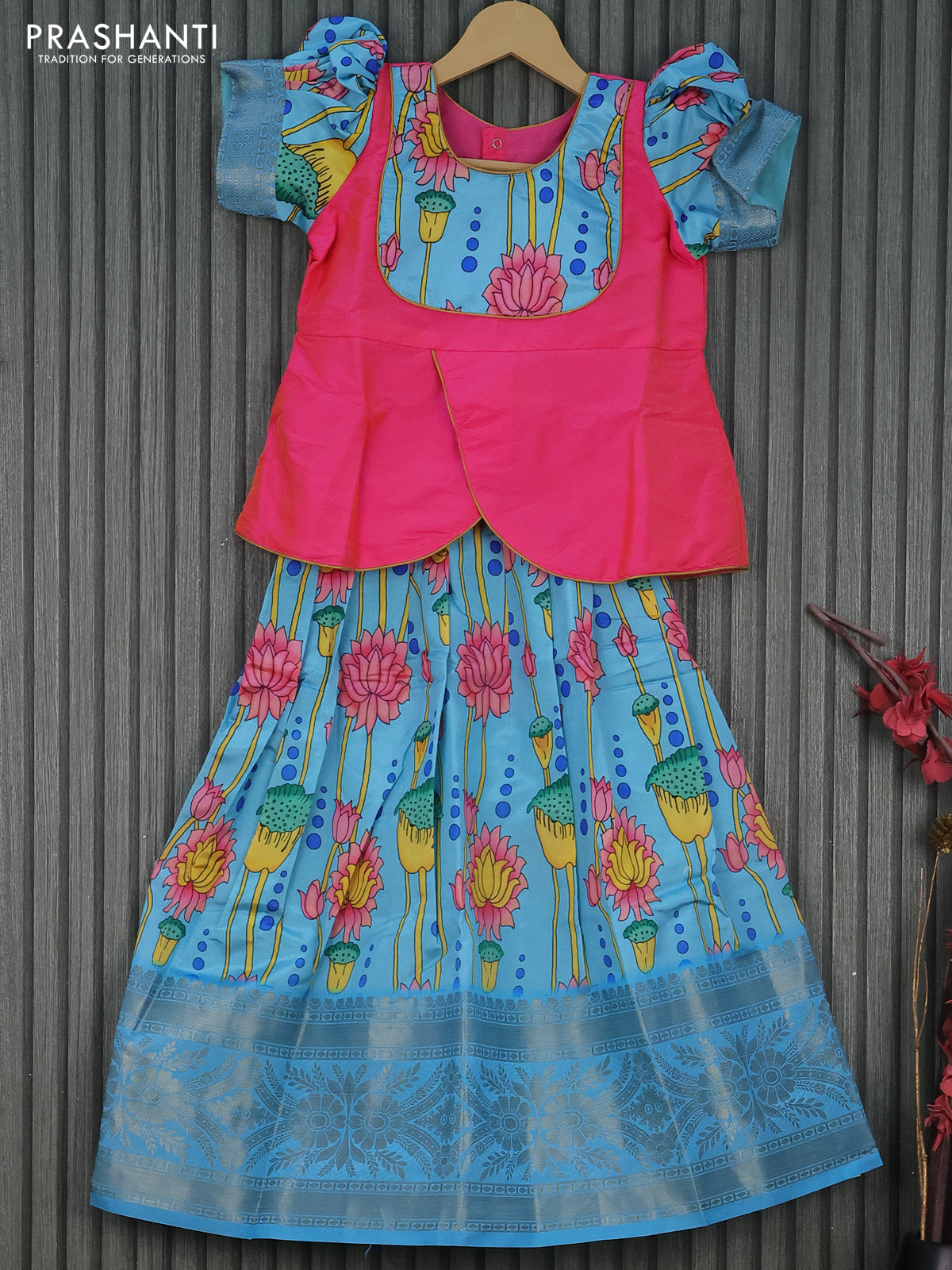 Banarasi kids lehenga light pink and light blue with patch work neck pattern and pichwai prints & long banarasi style border for 7 years