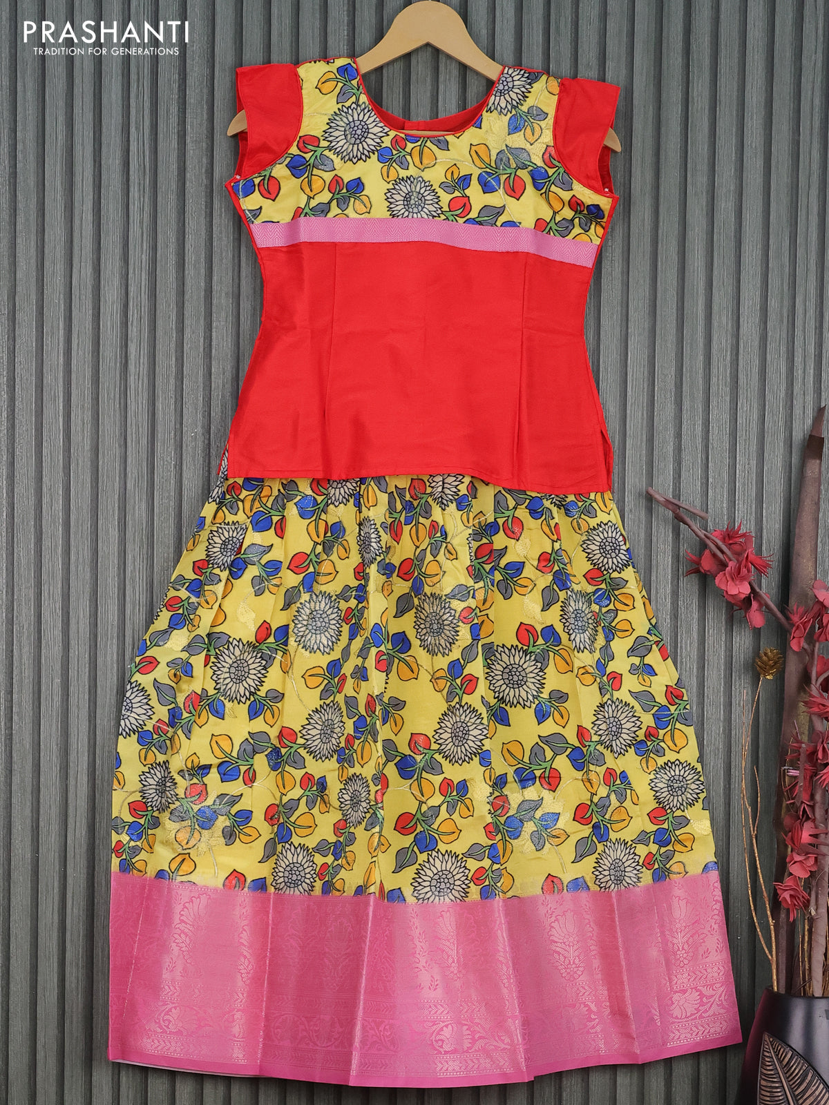 Banarasi kids lehenga red and yellow with patch work neck pattern and kalamkari prints embroidery work & long banarasi style border for 9 years