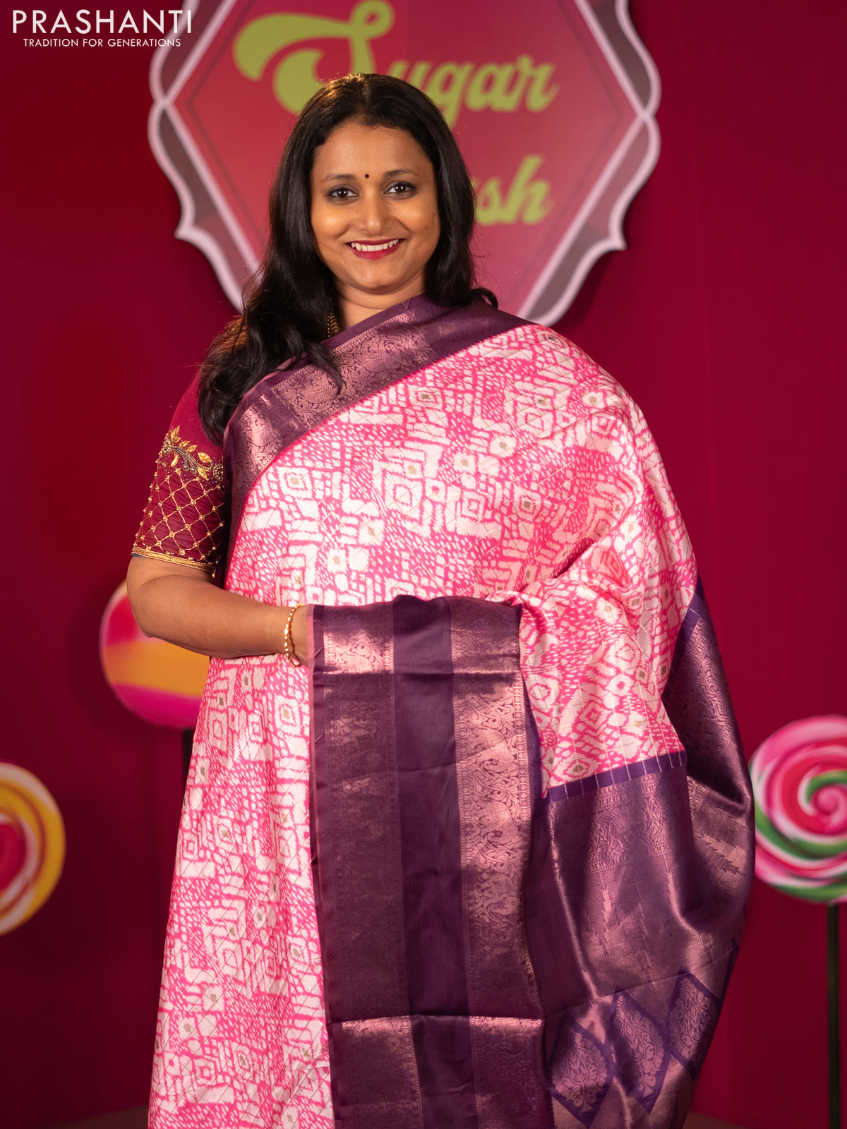 Semi raw silk saree pink off white and wine shade with allover patola prints & zari checks and long rettapet elephant design copper zari woven border