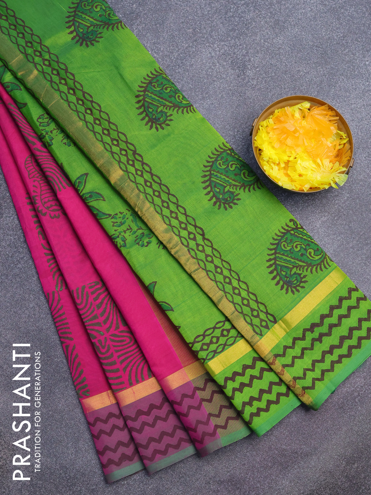 Silk cotton block printed saree pink and green with box type butta prints and zari woven simple border